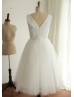 Boat Neckline Ivory Sequin Deep V Back Tulle Bridesmaid Dress